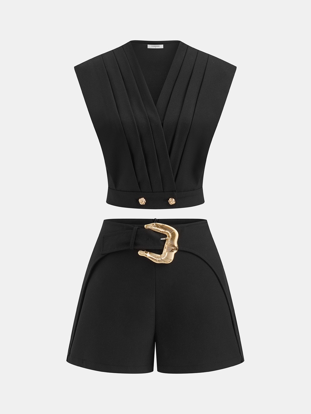Commense Linen-Blend Pleated Top & Buckle Shorts Set L LL1-18-33